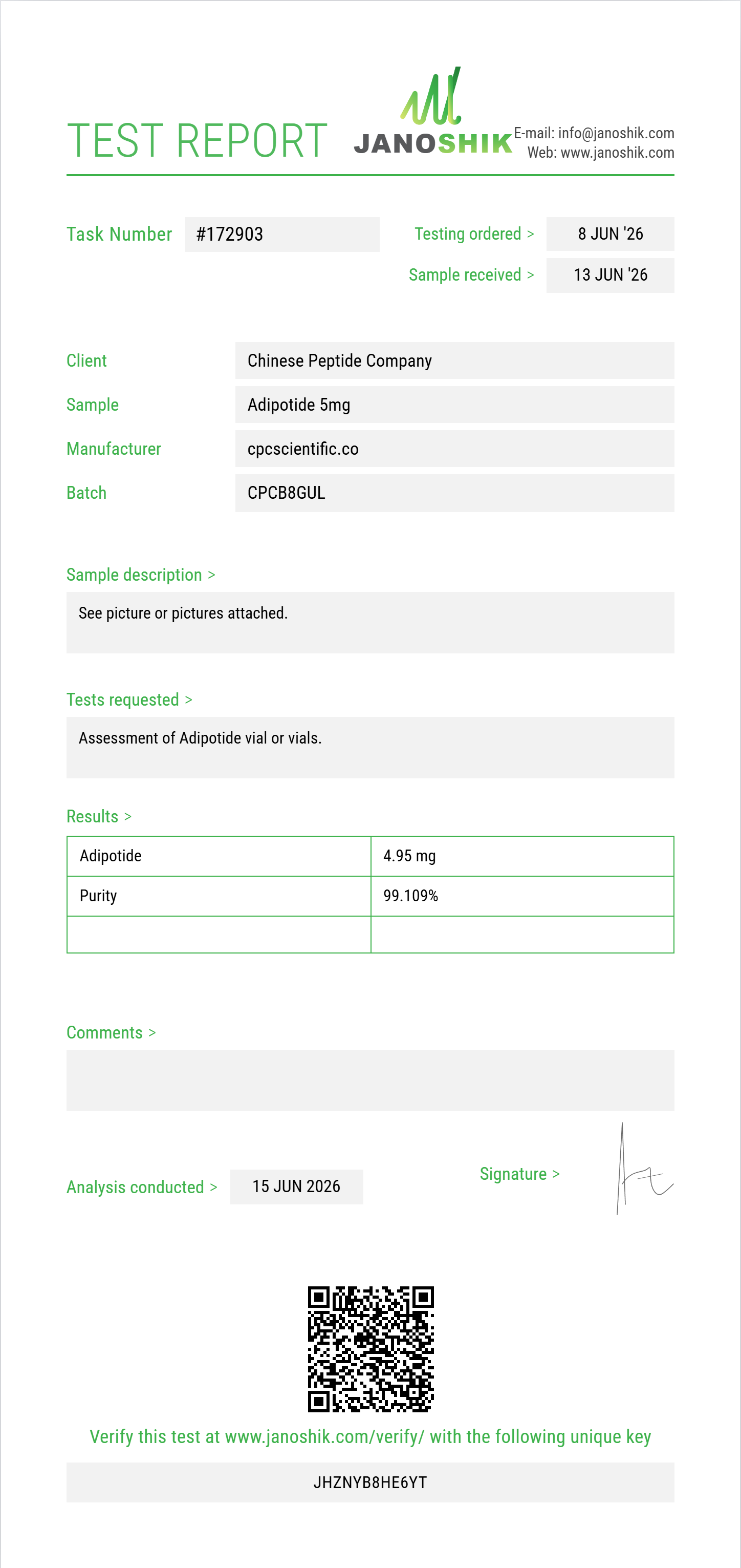 Adipotide Purity (HPLC) report by Janoshik Analytical