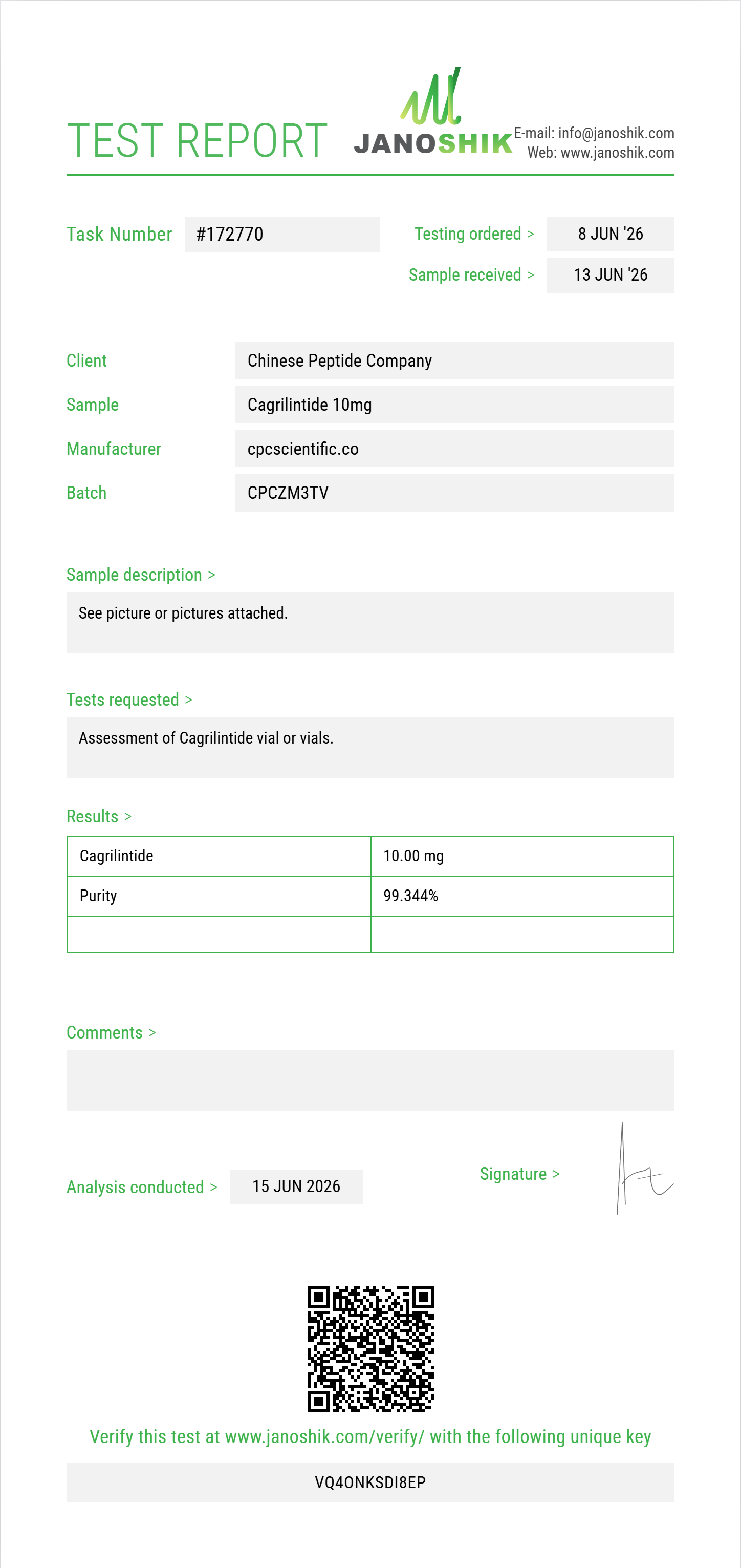 Cagrilintide Purity (HPLC) report by Janoshik Analytical