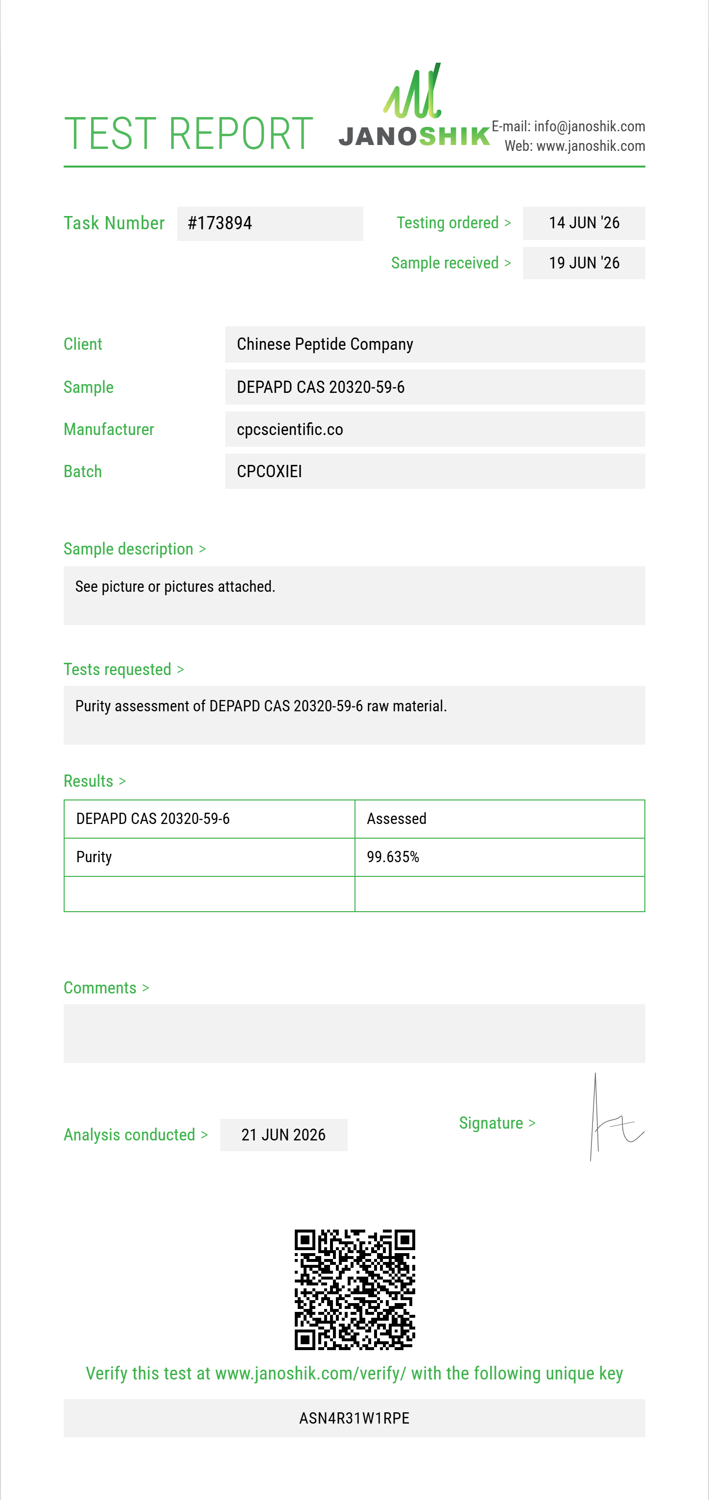 DEPAPD (diethyl phenylacetylpropanedioate) CAS 20320-59-6 Purity (HPLC) report by Janoshik Analytical