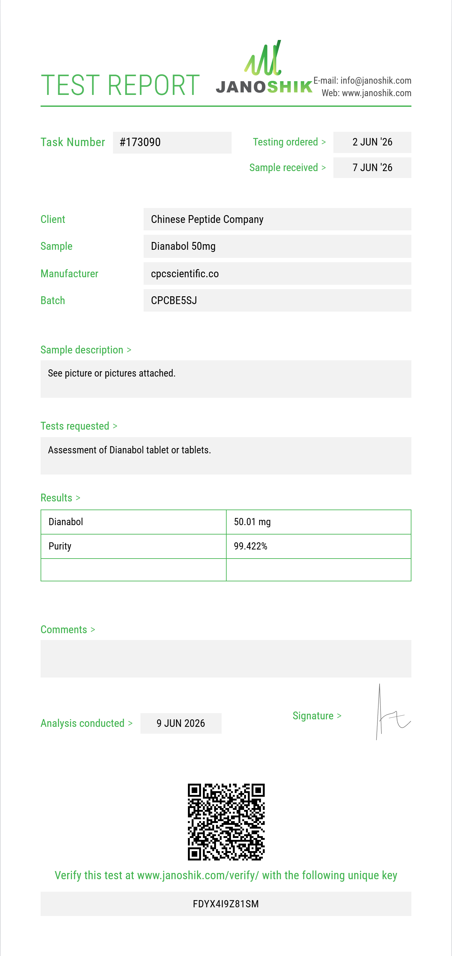 Dianabol Purity (HPLC) report by Janoshik Analytical