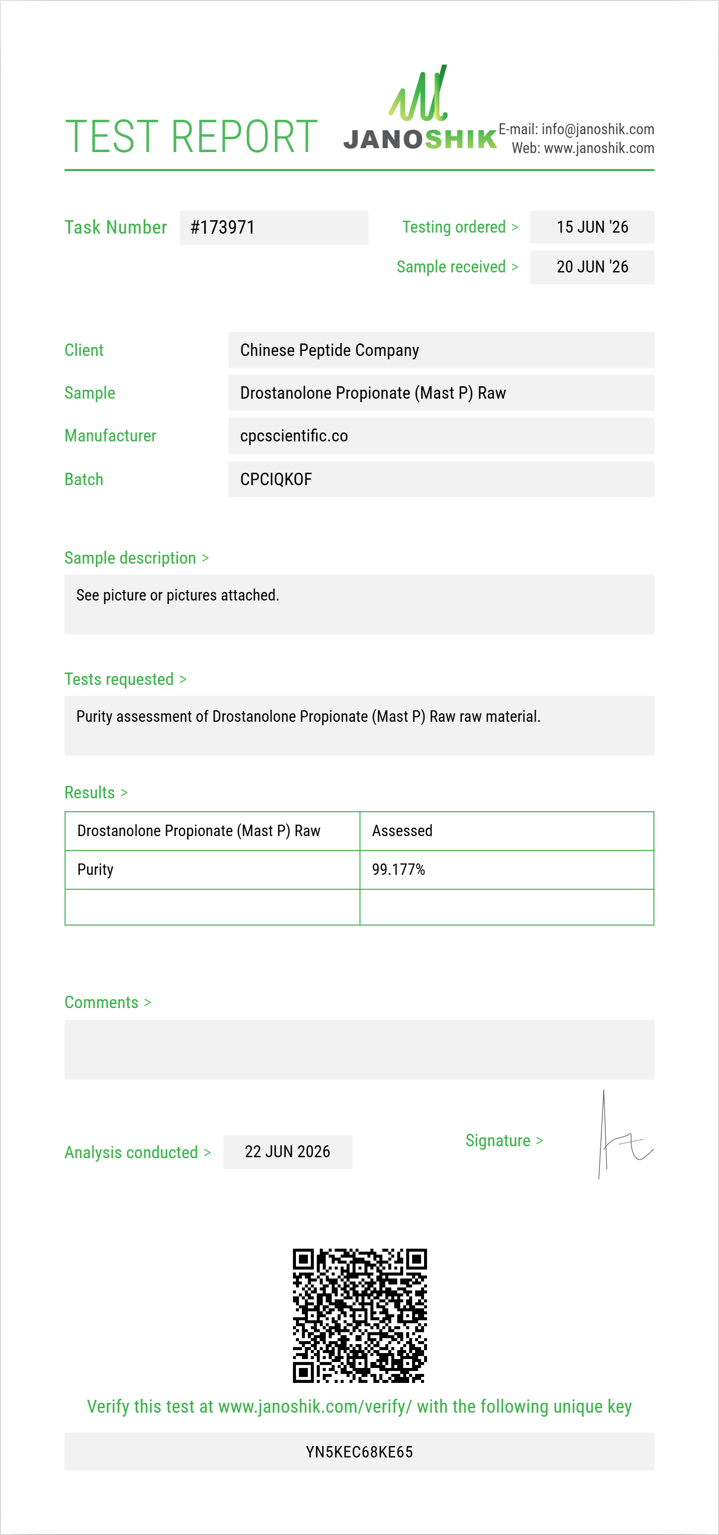 Drostanolone Propionate (Mast P) Raw Purity (HPLC) report by Janoshik Analytical