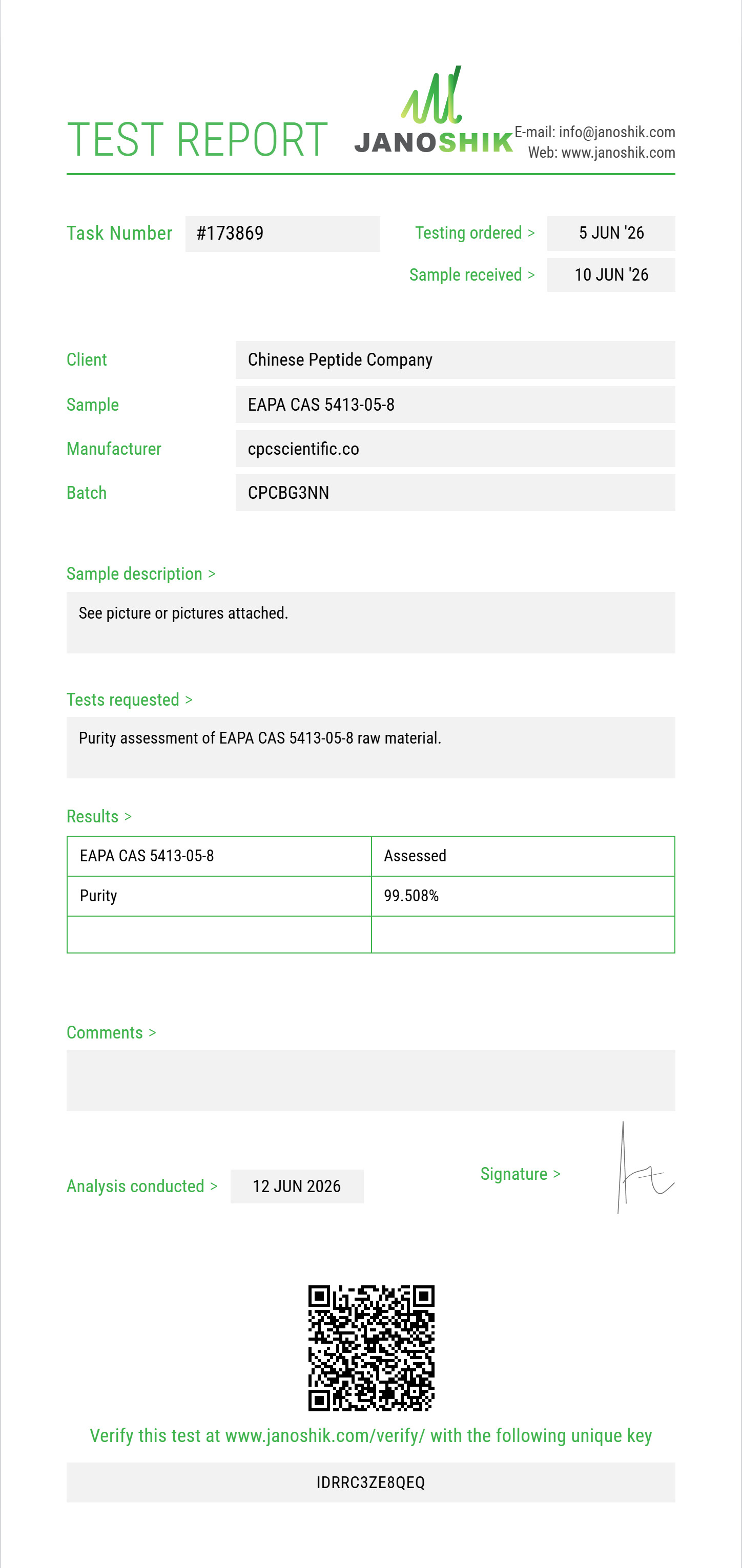 EAPA (ethyl alpha-phenylacetoacetate / ethyl 3-oxo-2-phenylbutanoate) CAS 5413-05-8 Purity (HPLC) report by Janoshik Analytical