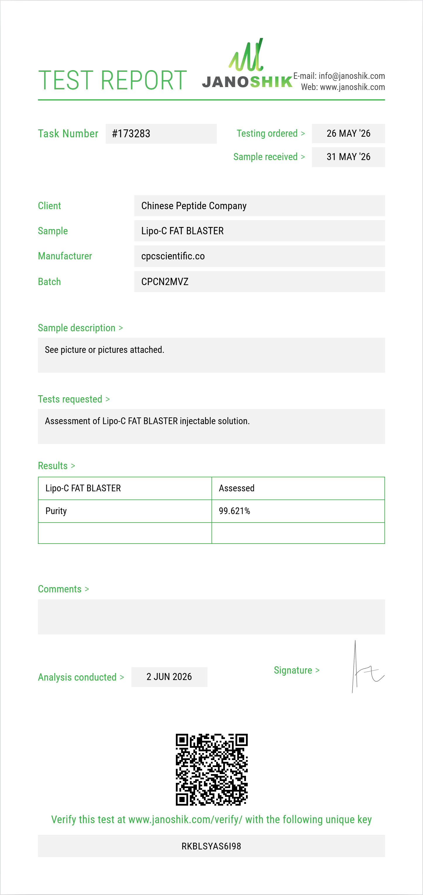 Lipo-C FAT BLASTER Purity (HPLC) report by Janoshik Analytical