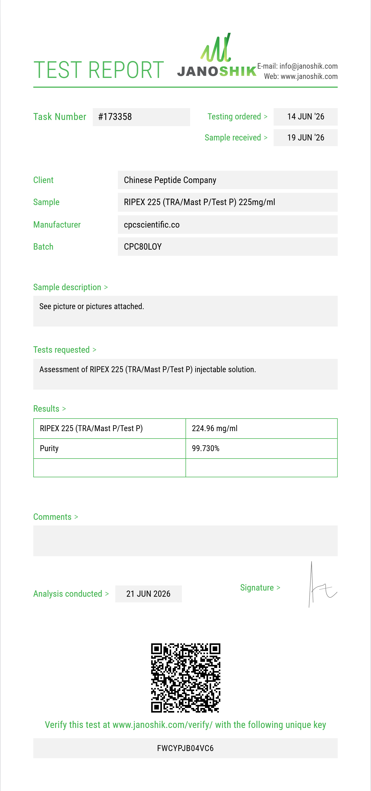 RIPEX 225 (TRA/Mast P/Test P) Purity (HPLC) report by Janoshik Analytical