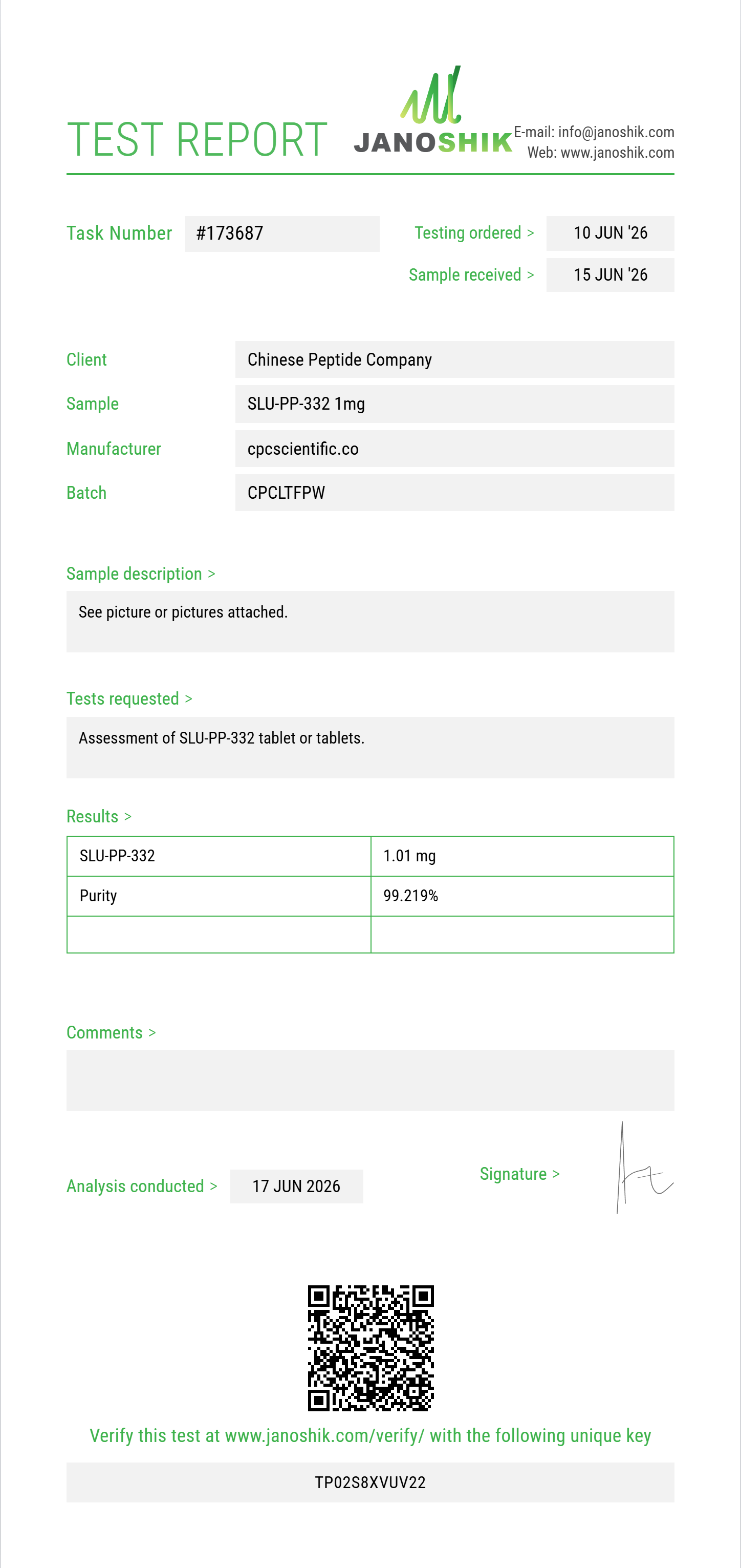SLU-PP-332 Purity (HPLC) report by Janoshik Analytical