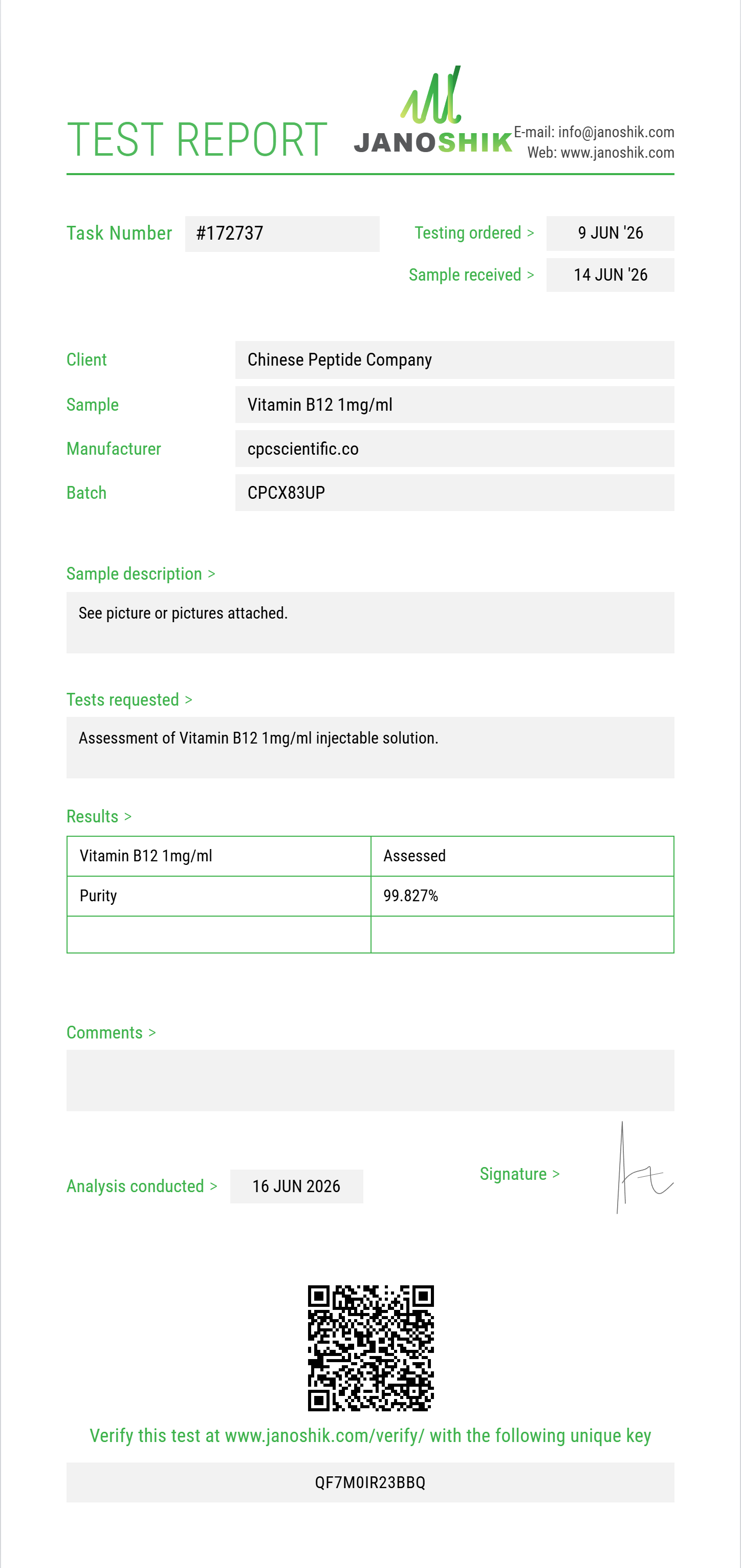 Vitamin B12 1mg/ml Purity (HPLC) report by Janoshik Analytical