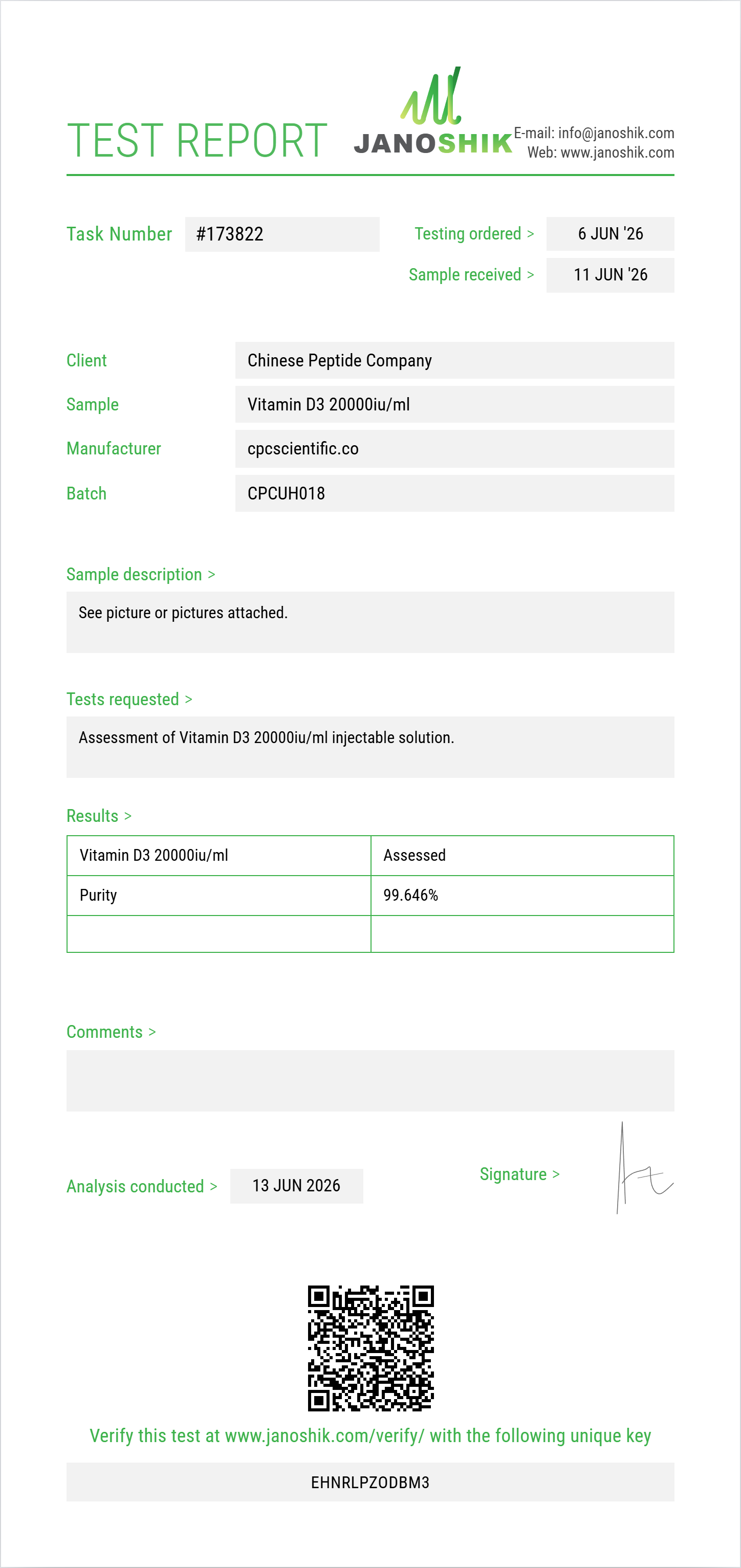 Vitamin D3 20000iu/ml Purity (HPLC) report by Janoshik Analytical