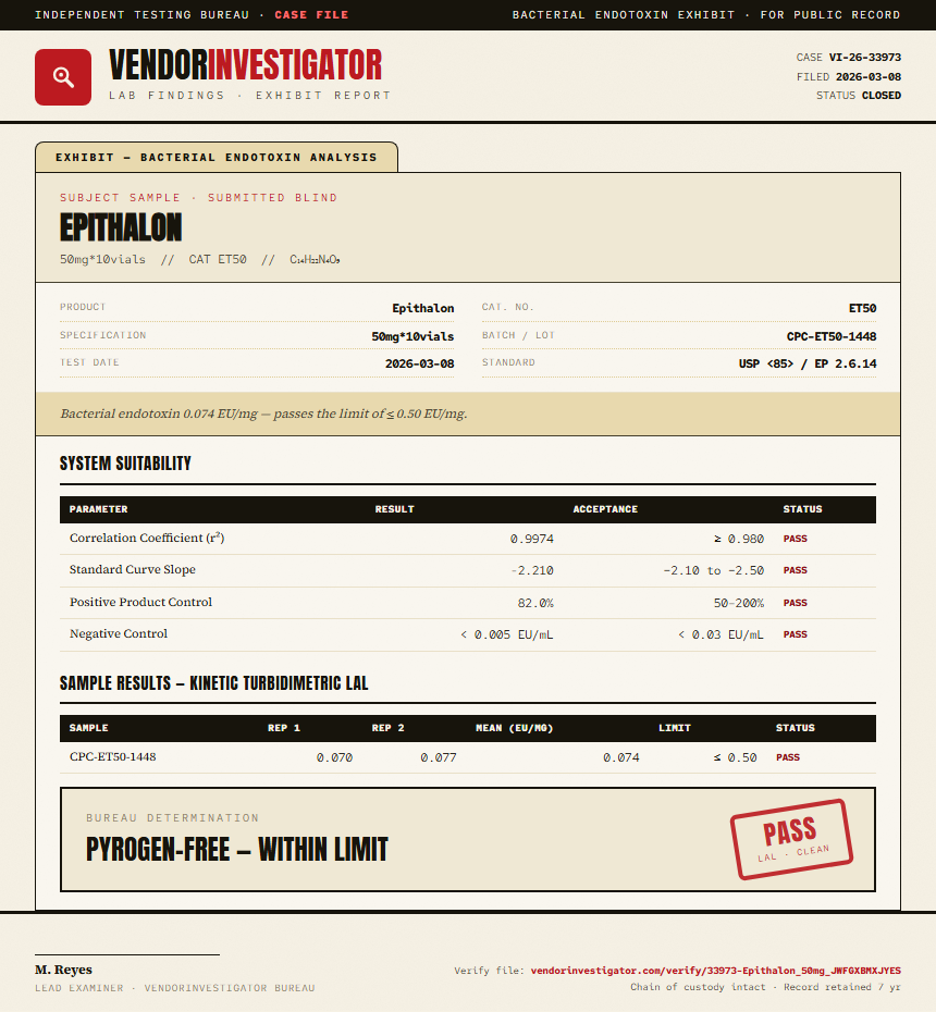 Epithalon Endotoxin report by VendorInvestigator